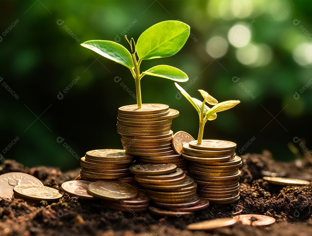 Mudas crescendo sobre pilhas de moedas.
