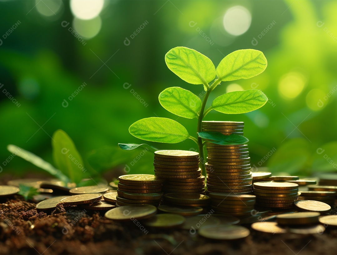 Mudas crescendo sobre pilhas de moedas.