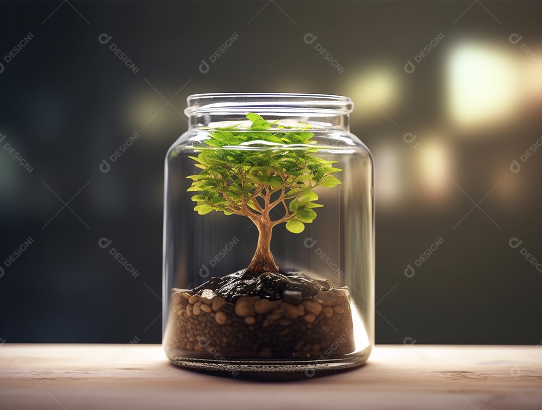 Moedas e bonsai dentro de um Frasco de vidro.
