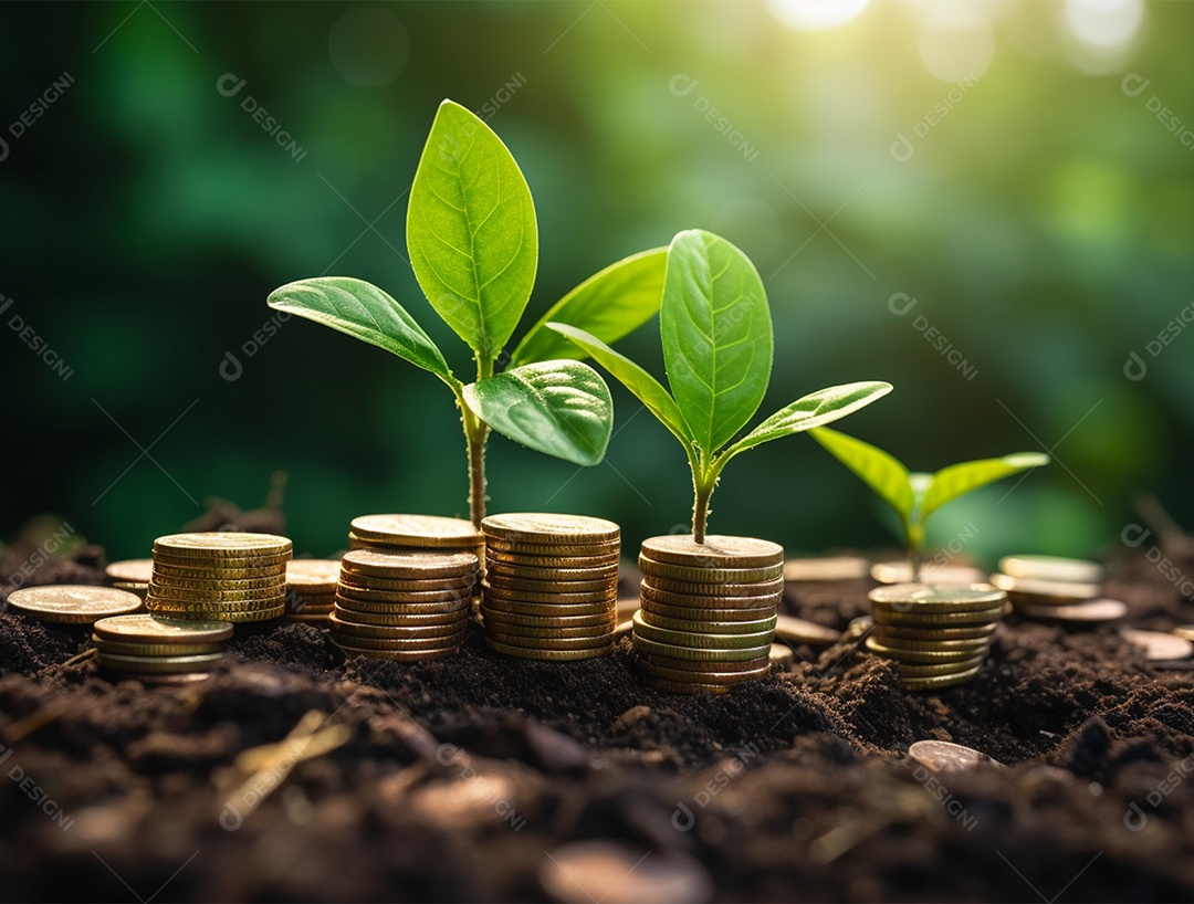 Moedas e bonsai dentro de um Frasco de vidro.