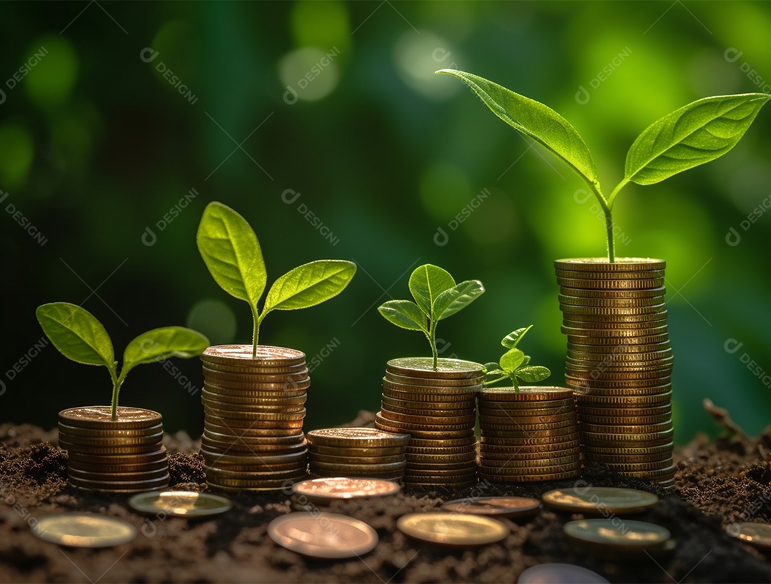 Mudas crescendo sobre pilhas de moedas.