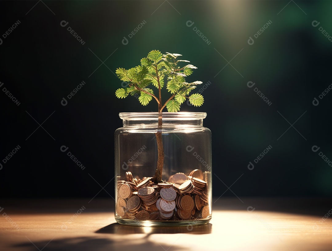 Moedas e bonsai dentro de um Frasco de vidro.