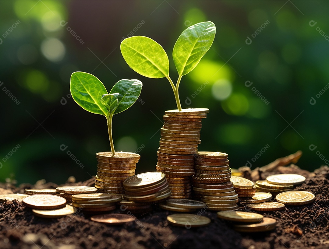 Mudas crescendo sobre pilhas de moedas.