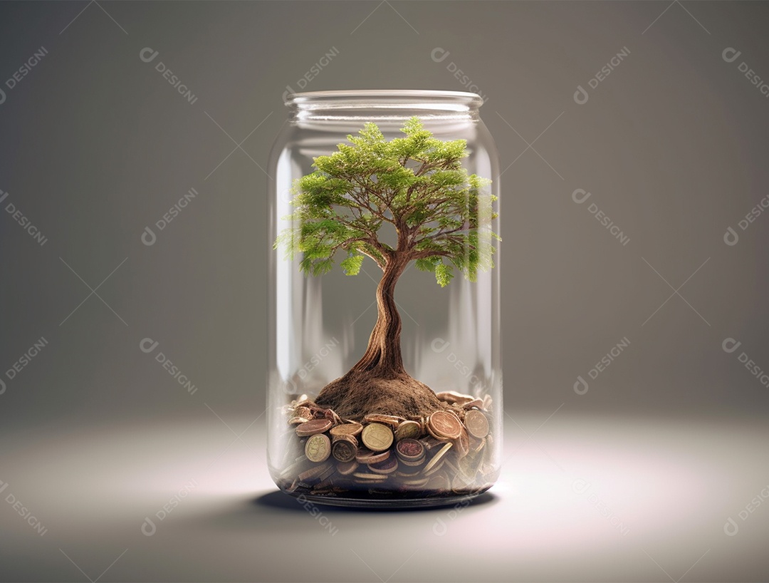Moedas e bonsai dentro de um Frasco de vidro.