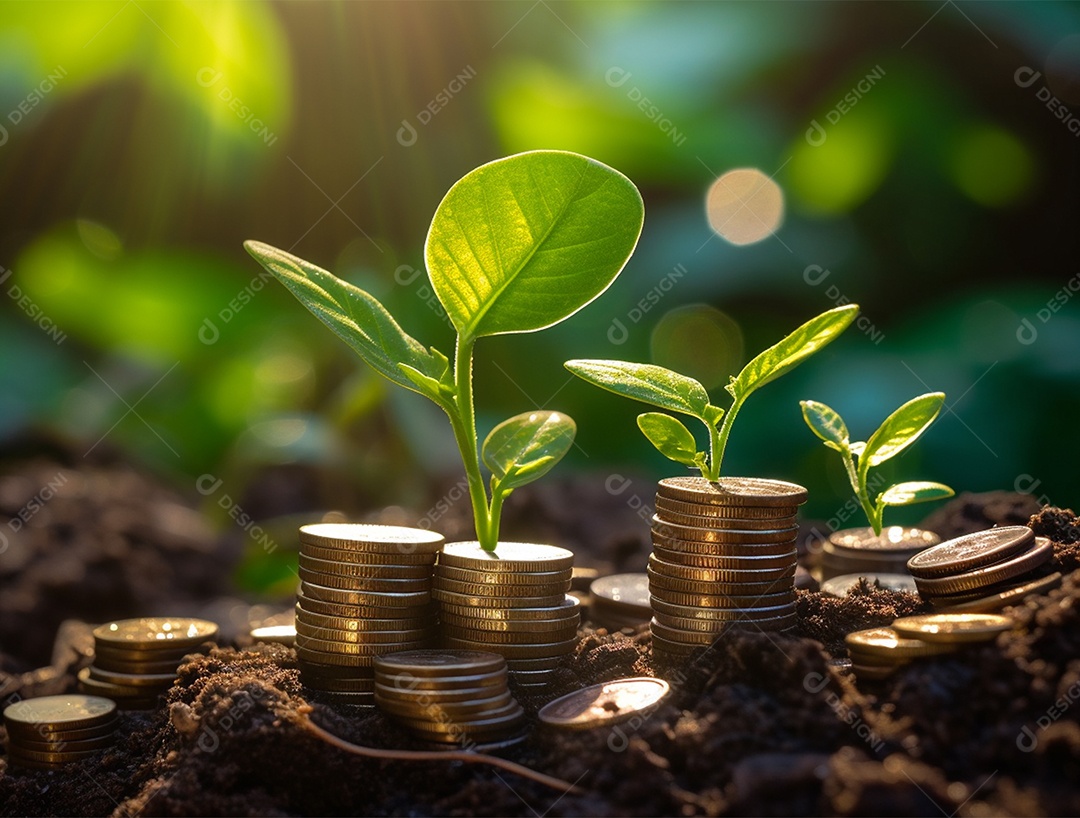 Mudas crescendo sobre pilhas de moedas.