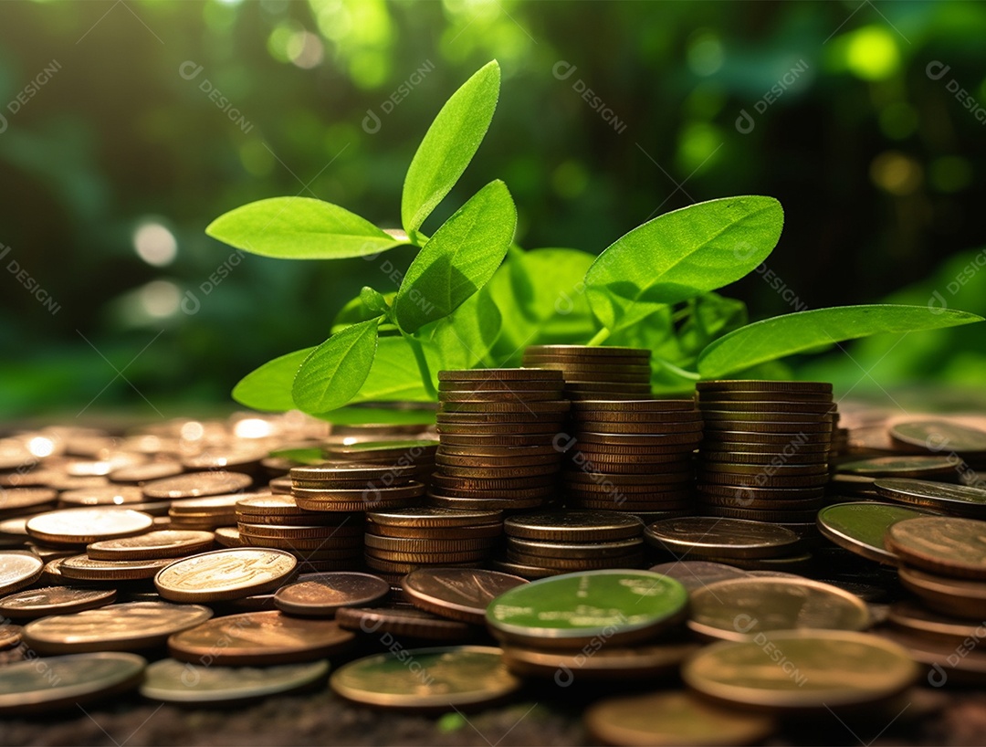 Mudas crescendo sobre pilhas de moedas.