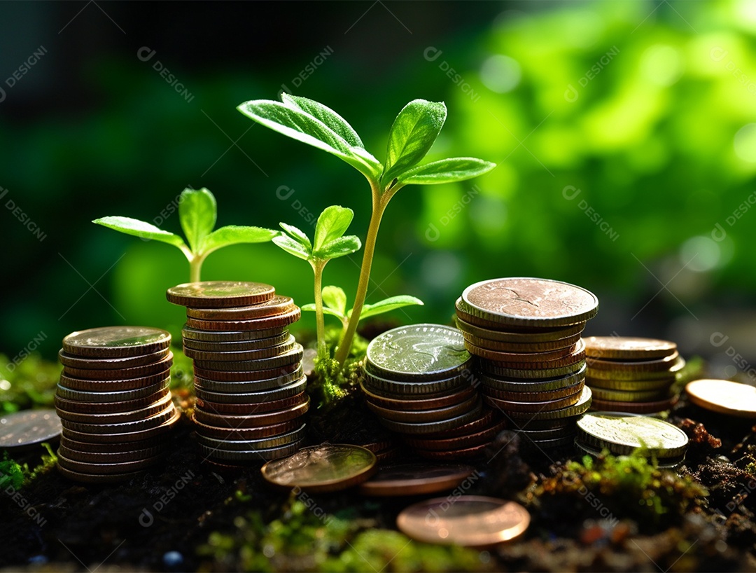 Muda de planta que cresce em uma pilha de moedas