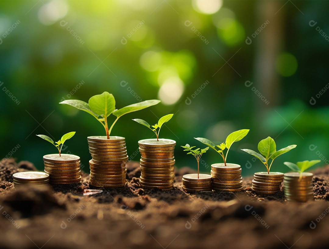 Muda de planta que cresce em uma pilha de moedas