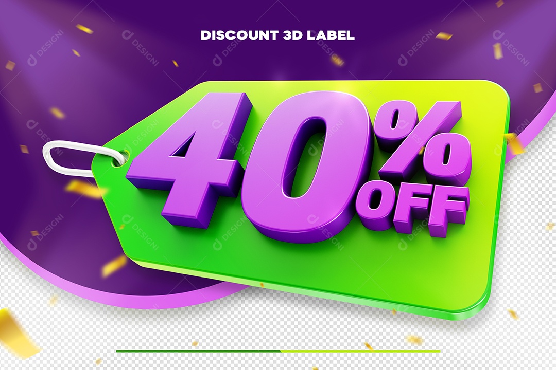 Etiqueta De Desconto 40% Off Elemento 3D Verde e Roxo Para Composição PSD
