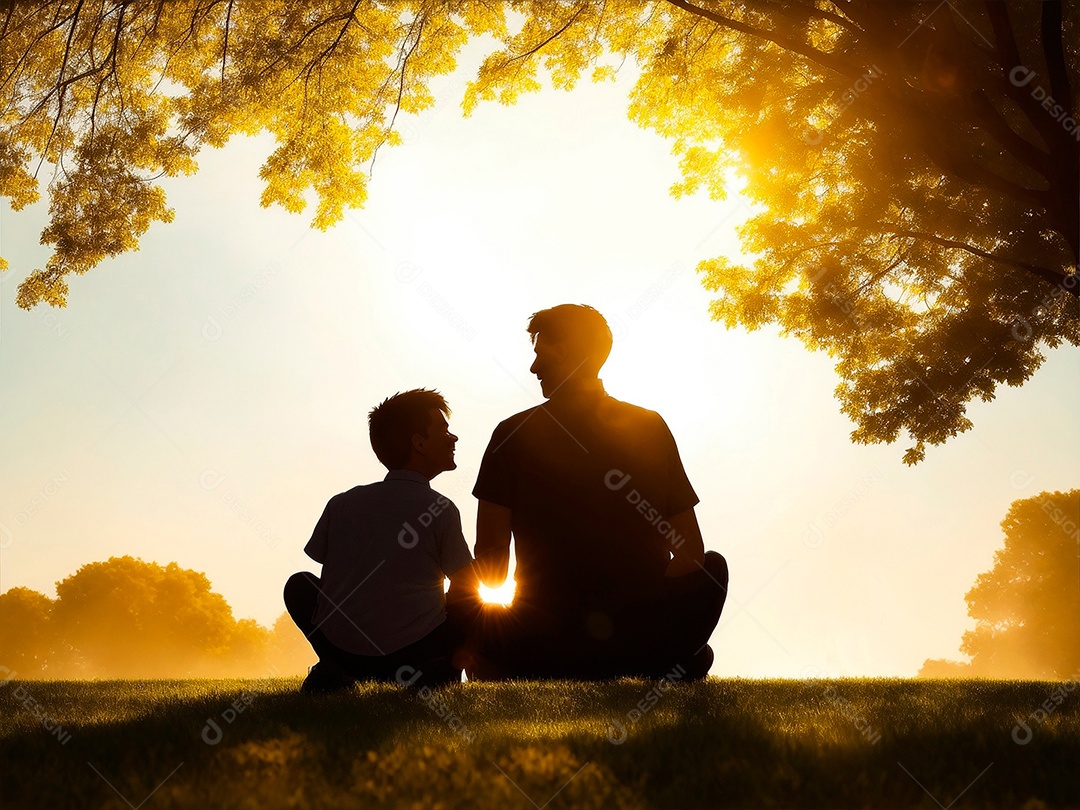 Pai e filho em um parque ao pôr do sol