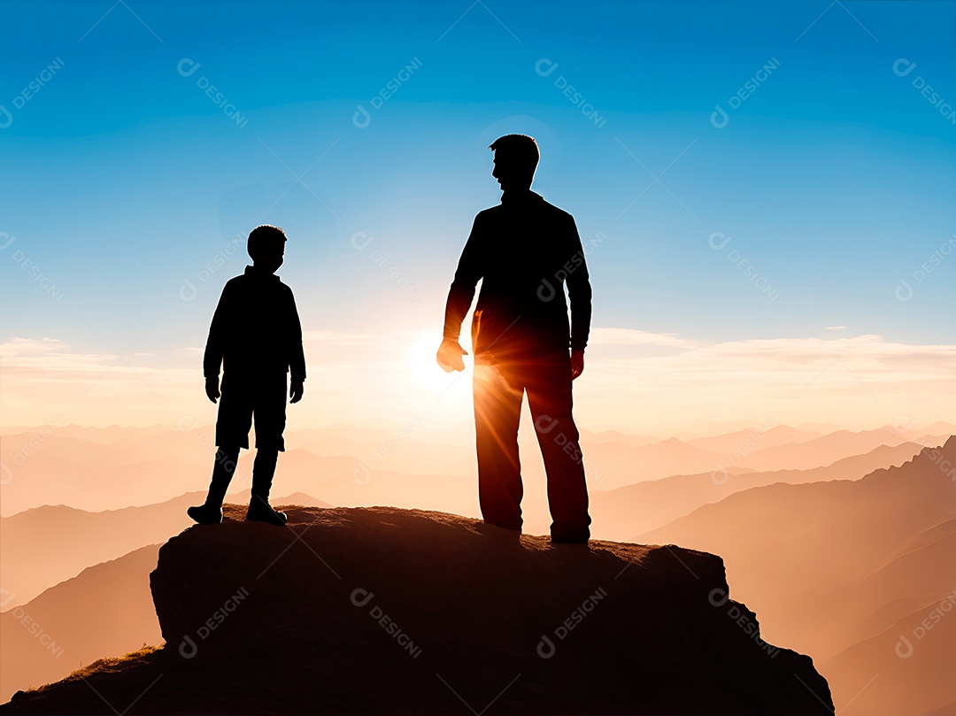 Pai e filho no topo de uma montanha ao pôr do sol