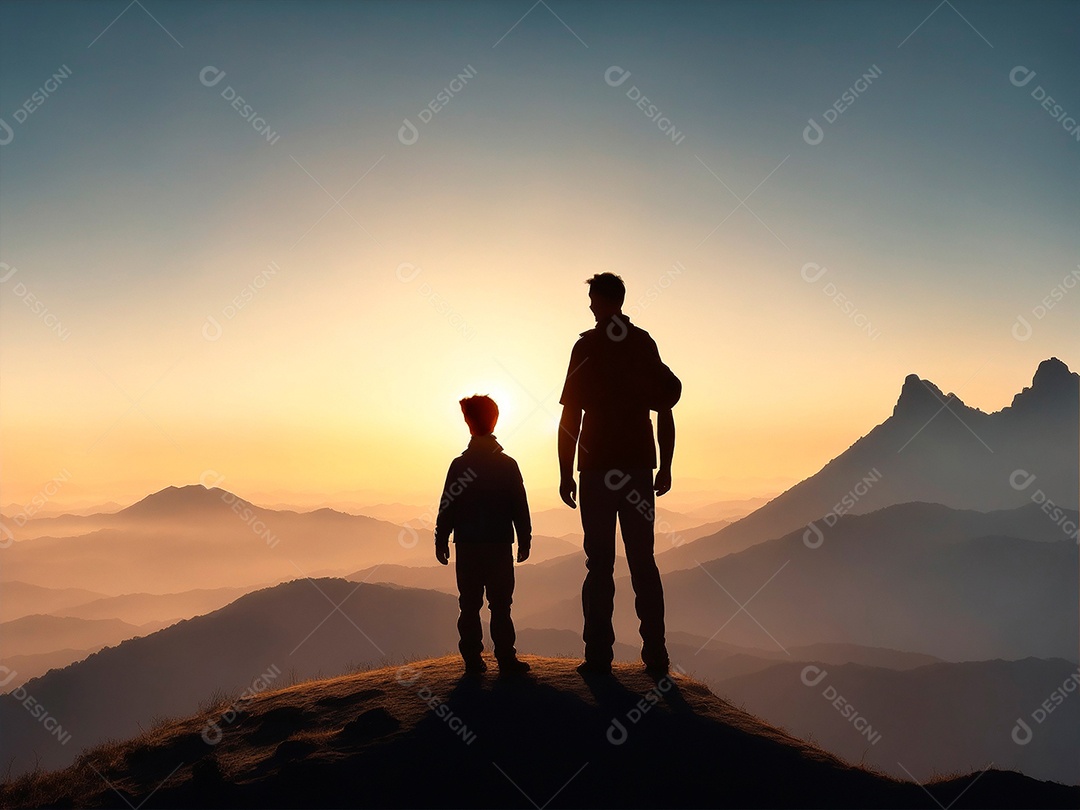 Pai e filho no topo de uma montanha ao pôr do sol
