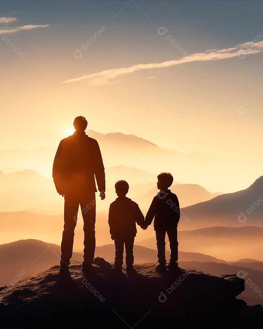 Pai e filhos no topo de uma montanha ao pôr do sol