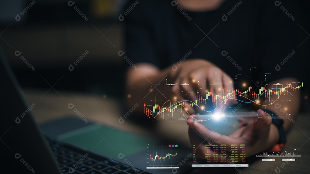 Planejamento e estratégia do investidor, mercado de ações, empresários que trabalham com gráfico e indicador de preço técnico