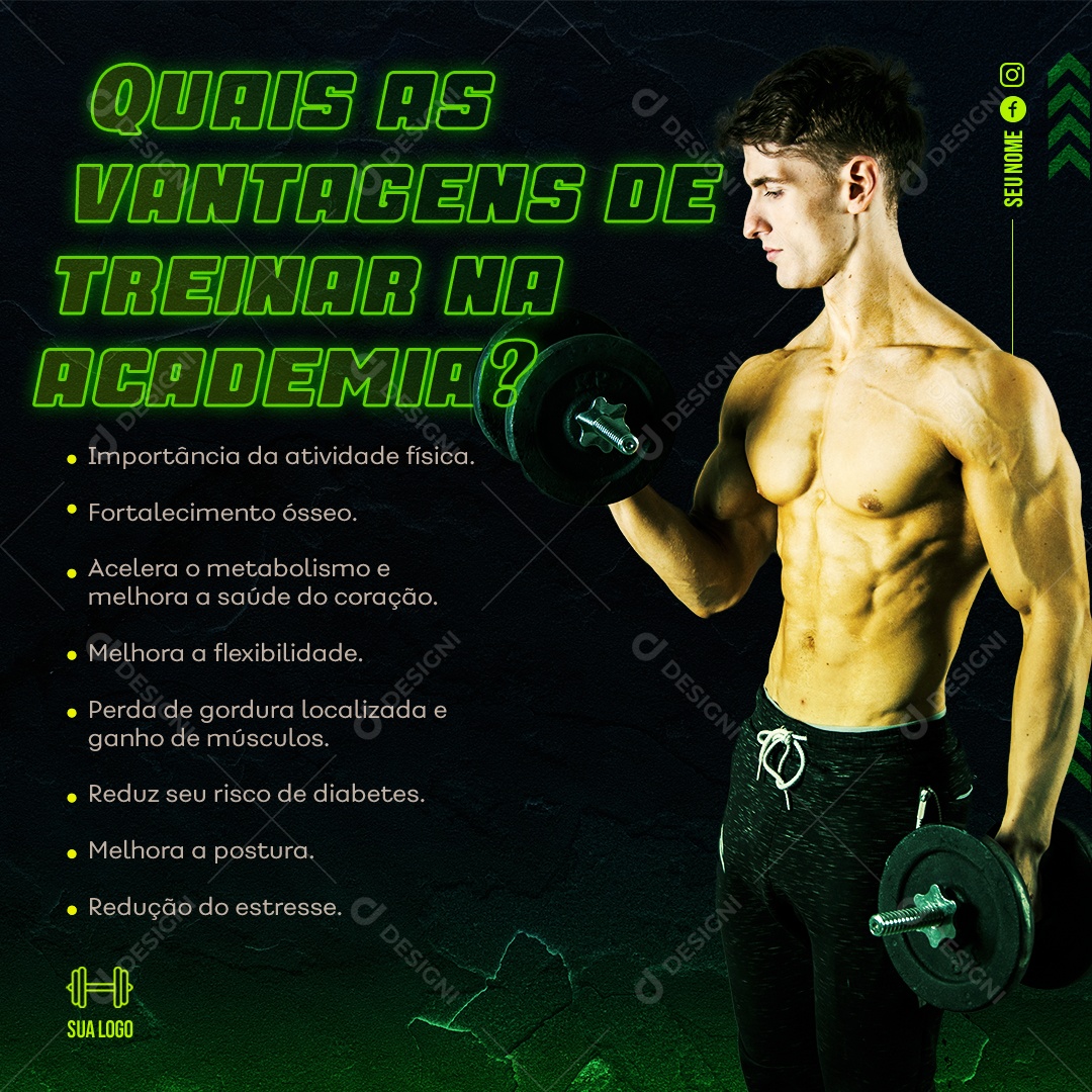 Quais As Vantagens De Treinar na Academia Social Media PSD Editável