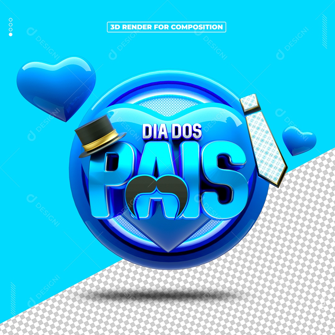 Selo 3D Dia Dos Pais Coração Azul Para Composição PSD
