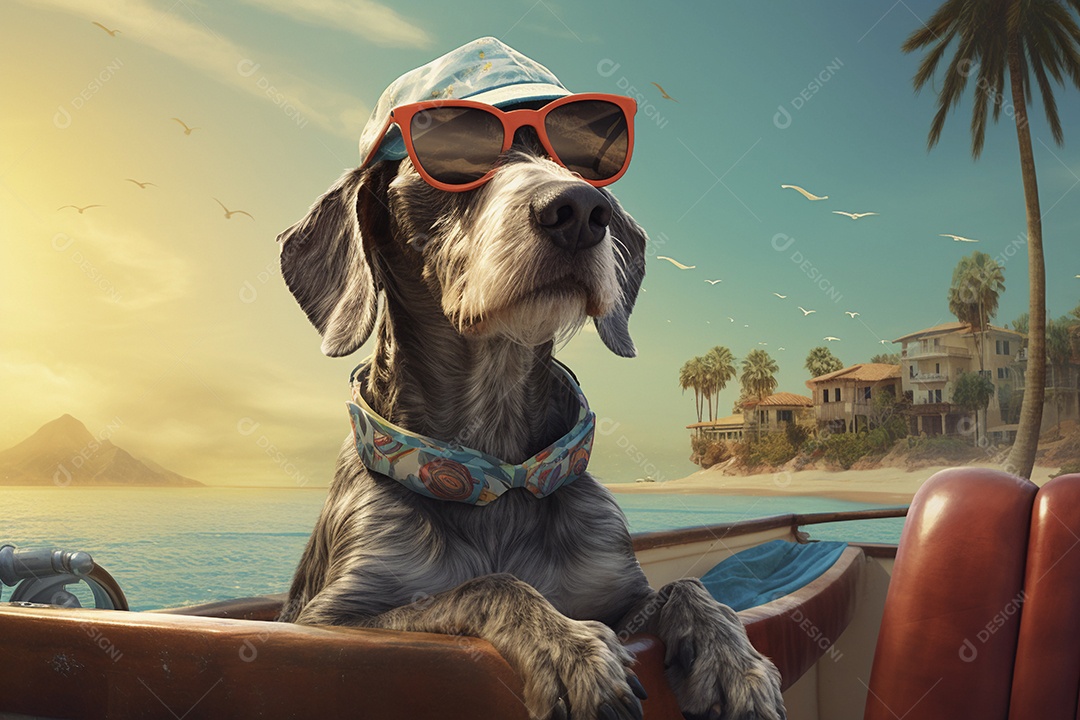 Cachorro com óculos escuro curtindo na praia