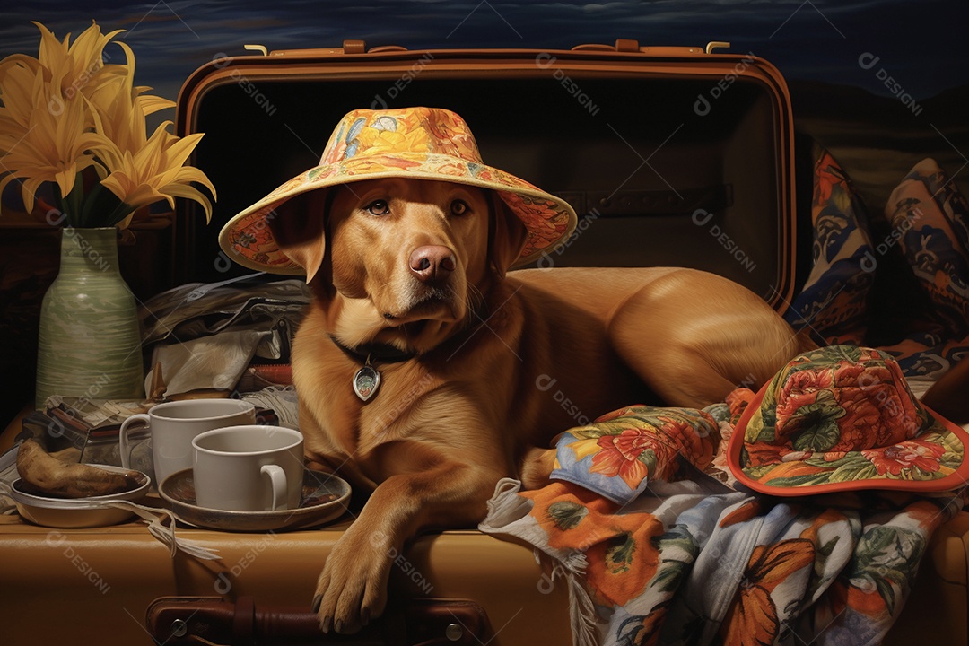 Cachorro com chapéu deitado sobre a mala de viagem