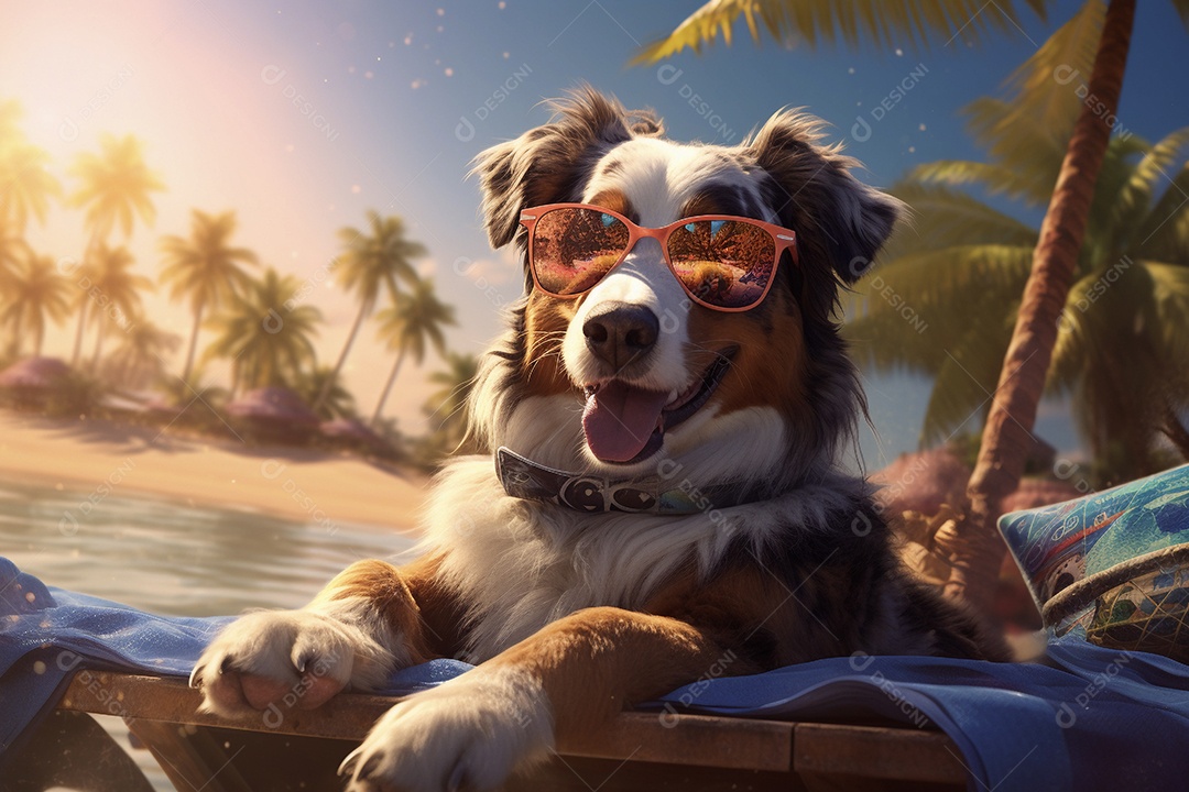 Cachorro com óculos escuro curtindo na praia