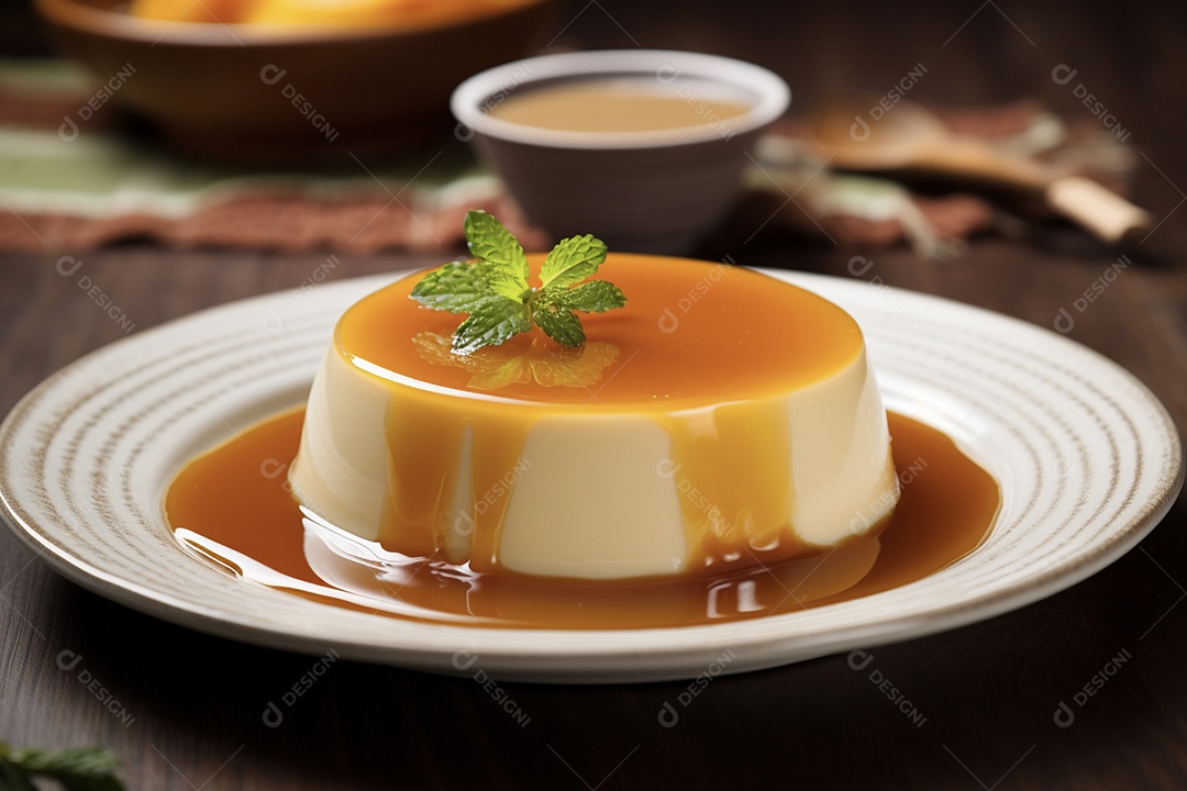 Delicioso pudim com calda de caramelo