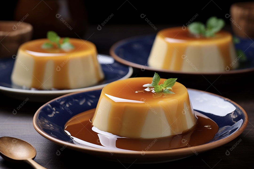 Delicioso pudim com calda de caramelo