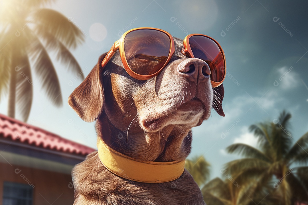 Cachorro com óculos de sol curtindo praia
