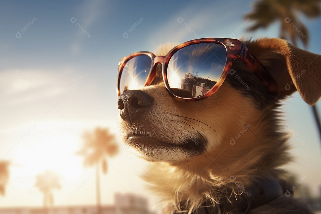 Cachorro com óculos de sol curtindo praia