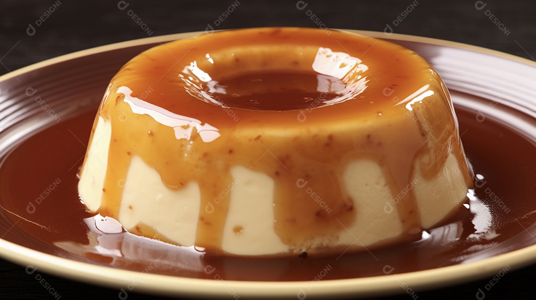 Delicioso pudim com calda de caramelo