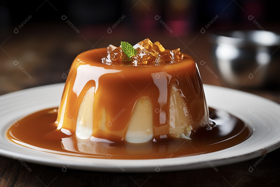 Delicioso pudim com calda de caramelo