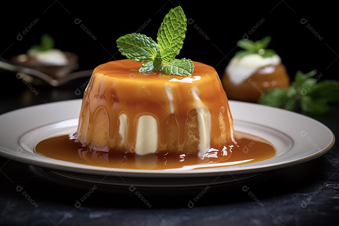 Delicioso pudim com calda de caramelo