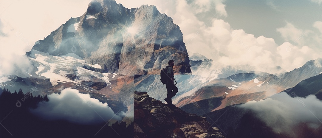 Homem caminhando na montanha