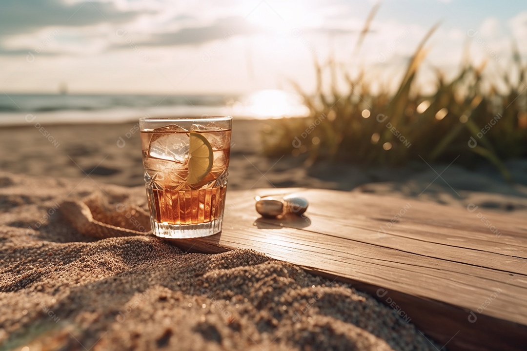 Copo com coquetel com vista de praia tropical