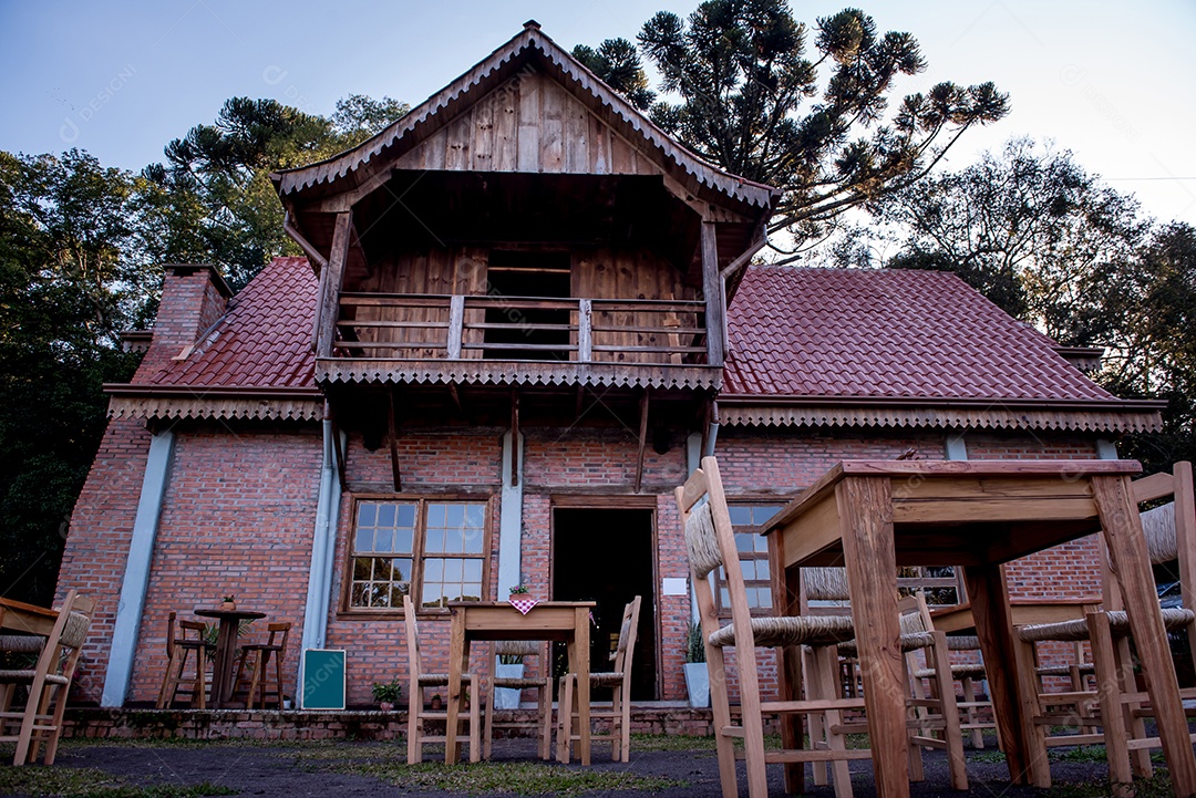 Fazenda no sul do Brasil, cabana de madeira e araucárias ao fundo.