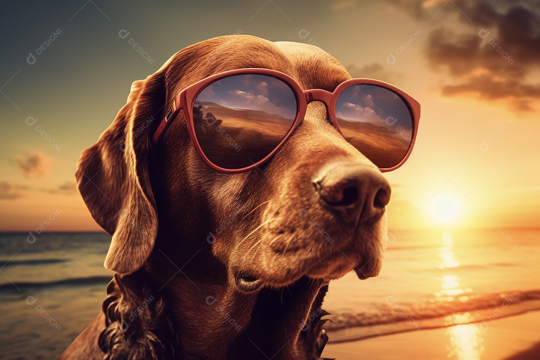 Ilustração cachorro curtindo a praia