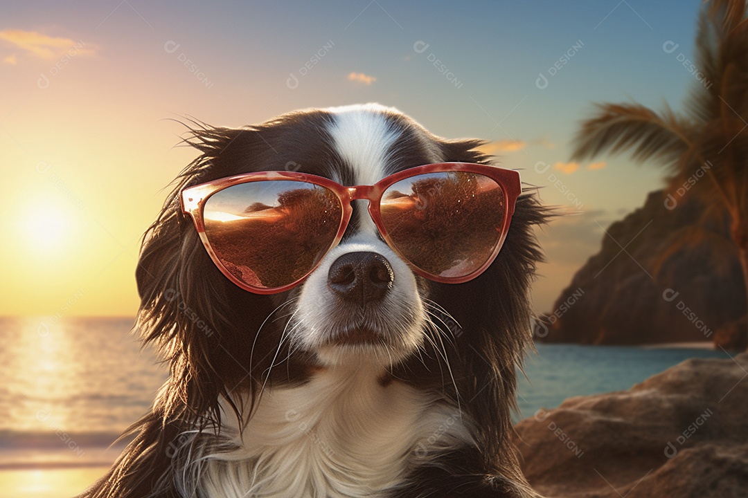 Ilustração cachorro curtindo a praia