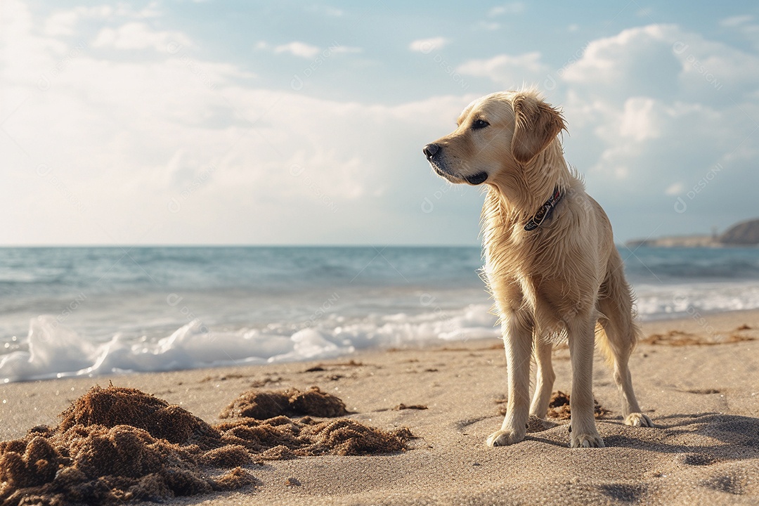 Ilustração cachorro curtindo a praia