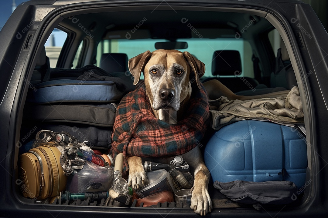 Cachorro no porta malas do carro pronto para viajar