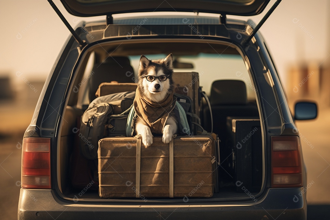 Cachorro no porta malas do carro pronto para viajar