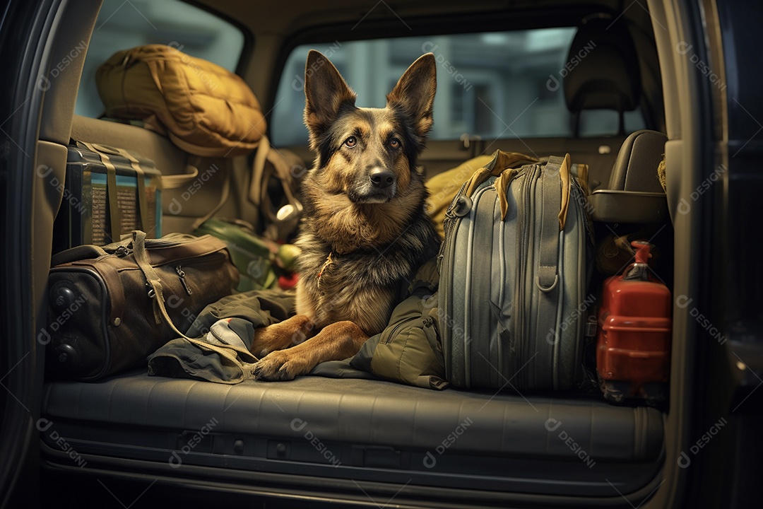 Cachorro no porta malas do carro pronto para viajar