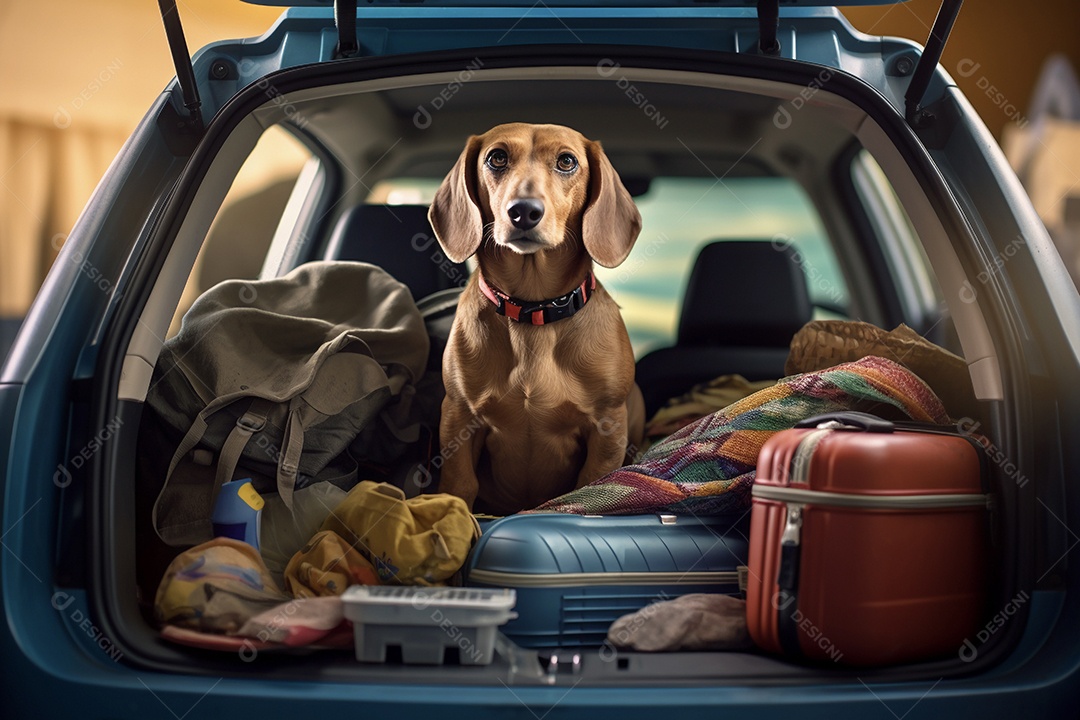Cachorro no porta malas do carro pronto para viajar