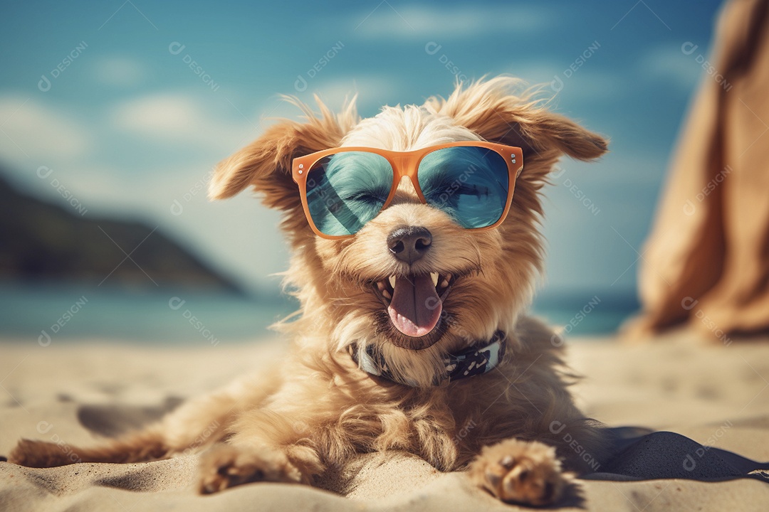 Cachorro com óculos escuro curtindo na praia