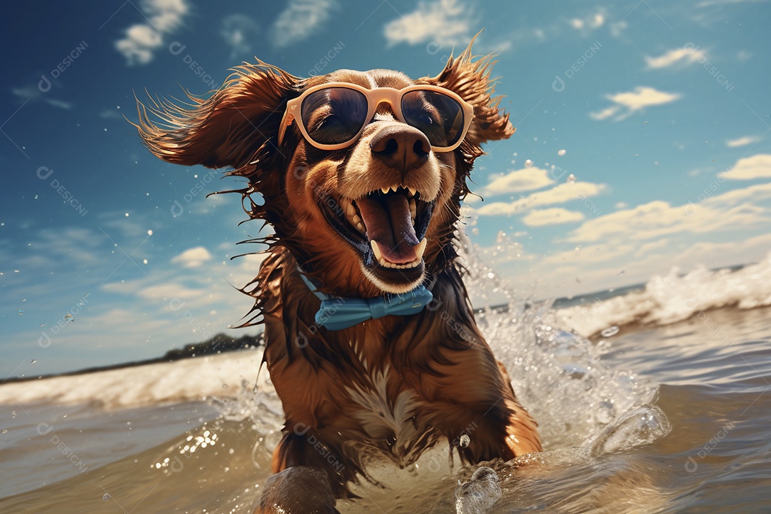 Cachorro com óculos escuro curtindo na praia