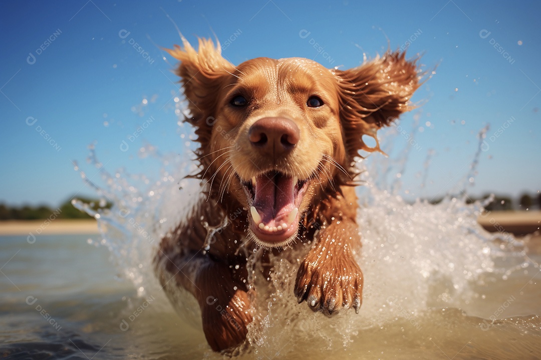 Cachorro curtindo a praia em dia ensolarado