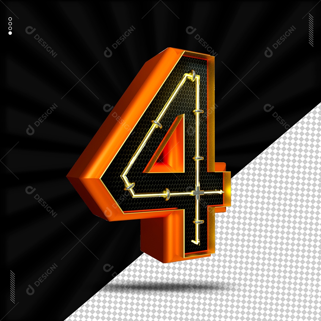 Número 4 Laranjado Com Led Elemento 3D Para Composição PSD