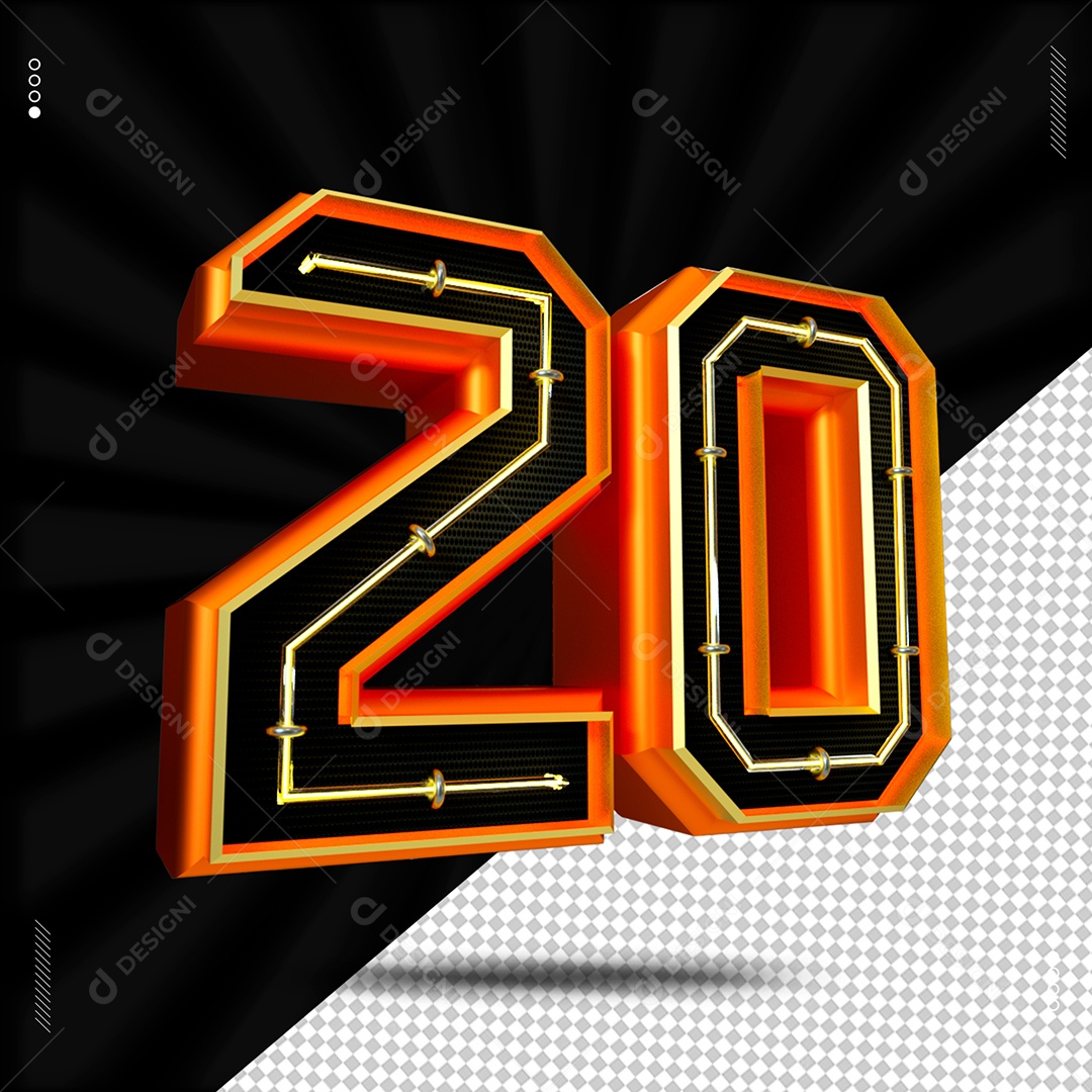 Número 20 Laranjado Com Led Elemento 3D Para Composição PSD
