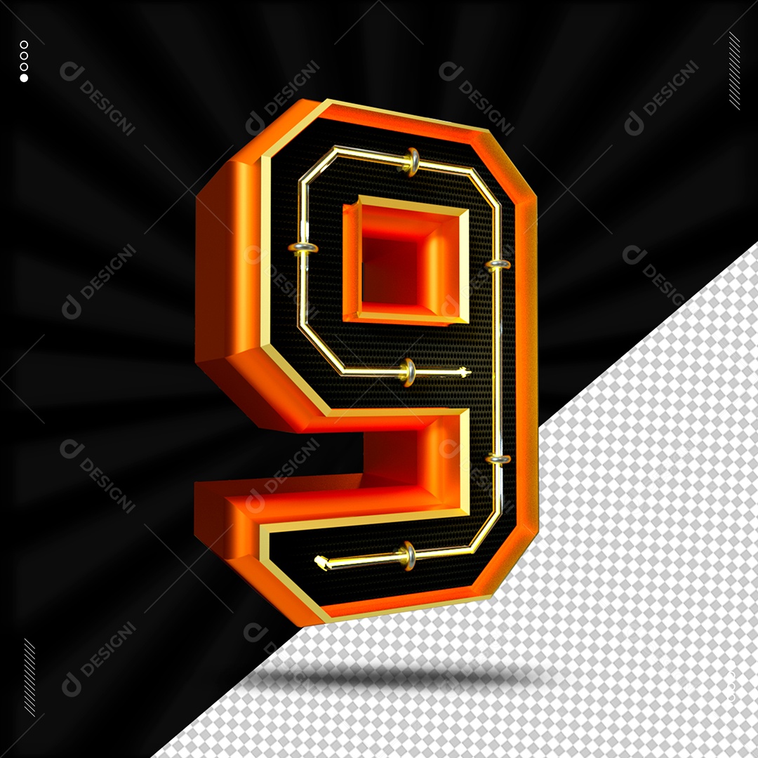 Número 9 Laranjado Com Led Elemento 3D Para Composição PSD