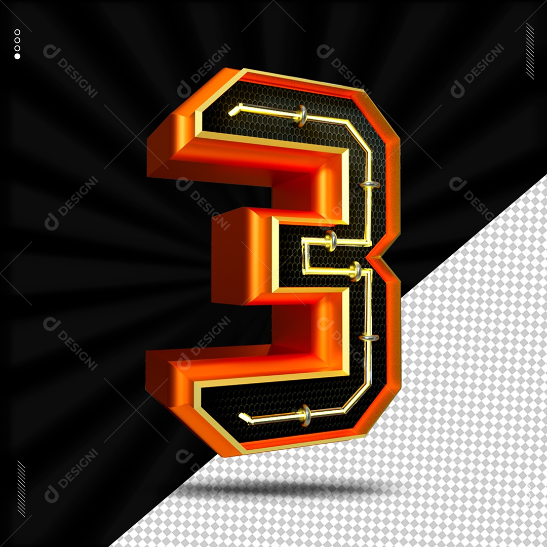 Número 3 Laranjado Com Led Elemento 3D Para Composição PSD