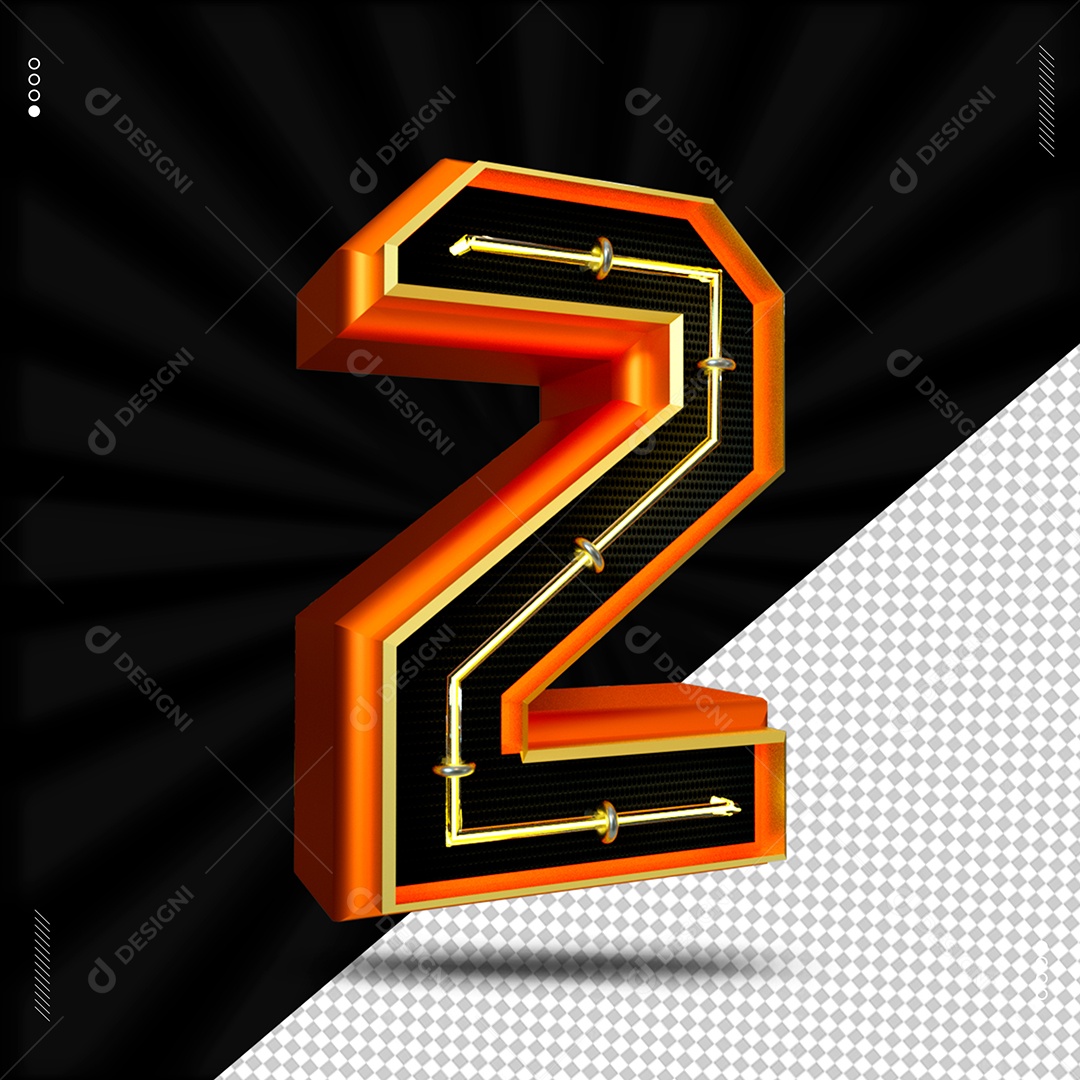 Número 2 Laranjado Com Led Elemento 3D Para Composição PSD
