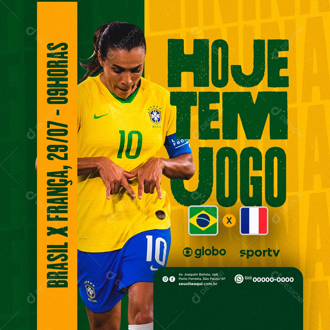 Hoje Tem Jogo Brasil x França Copa Feminina Futebol Social Media PSD Editável