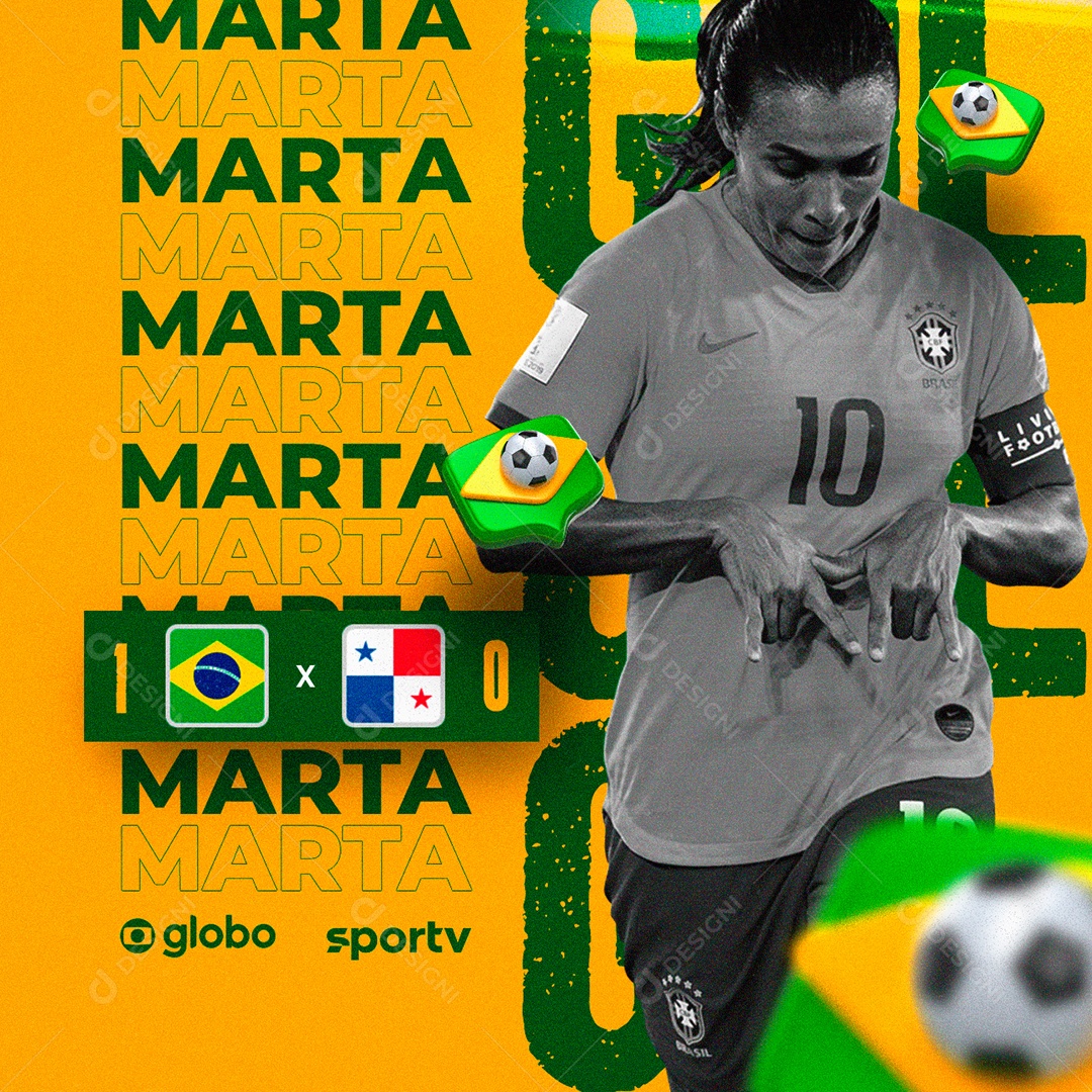 Jogadora Marta Jogo Brasil x Panamá Copa Feminina Futebol Social Media PSD Editável